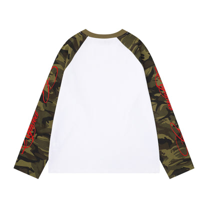 Women's American Retro Camouflage Splice Embroidery Raglan Long Sleeve T-Shirt Loose Casual Unisex Spring Summer Top | Camo Splice Tee