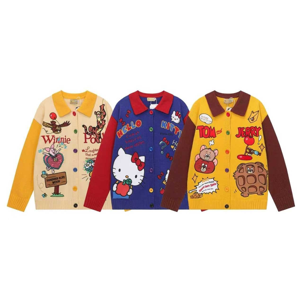 Cartoon Embroidery Color Block Kitty Knit Cardigan Unisex Loose Fit Niche Couple Sweater Jacket Streetwear | Kitty Cardi