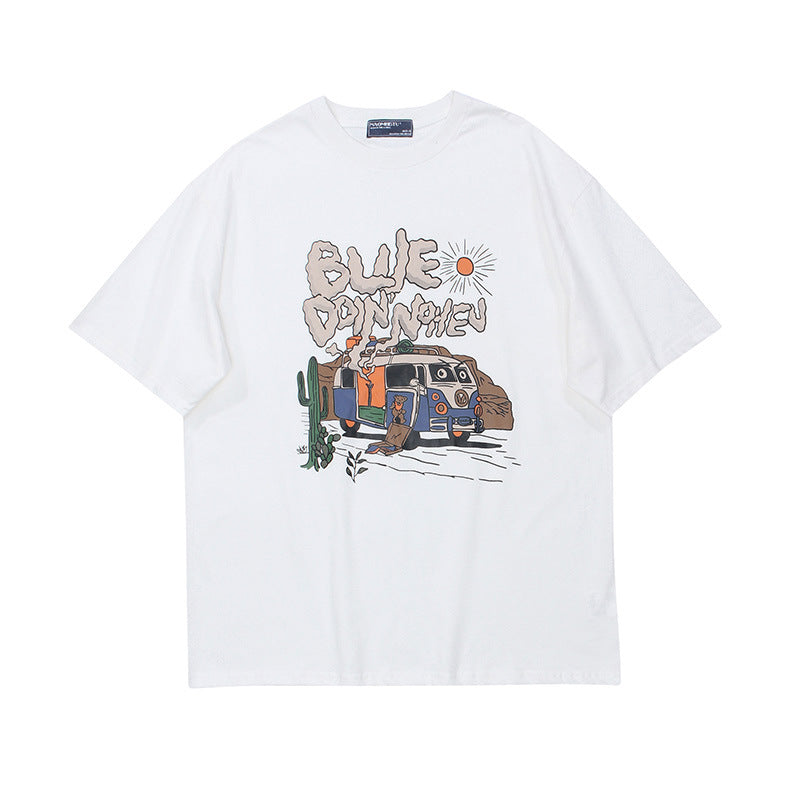 Crew Neck Short Sleeve Desert Road Trip Graphic Print T-Shirt Loose Oversized Retro Illustration Casual Summer Top | Desert Van