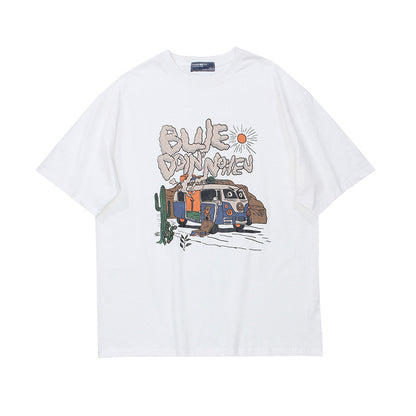 Crew Neck Short Sleeve Desert Road Trip Graphic Print T-Shirt Loose Oversized Retro Illustration Casual Summer Top | Desert Van