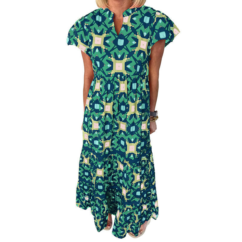 Women's Boho Print Maxi Dress V Neck Short Sleeve High Waist Summer Vacation Dress - Seldom Seen Styles
