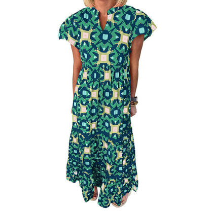 Women's Boho Print Maxi Dress V Neck Short Sleeve High Waist Summer Vacation Dress