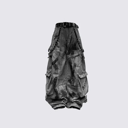 KIIKIO Streetwear Cargo Denim Pants with Belt and Chain Details