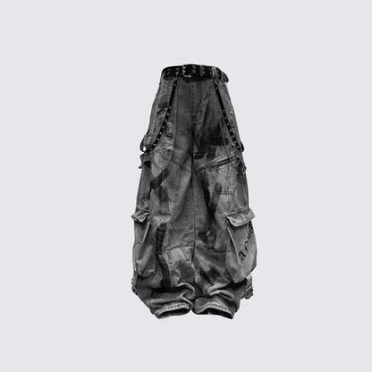 KIIKIO Streetwear Cargo Denim Pants with Belt and Chain Details