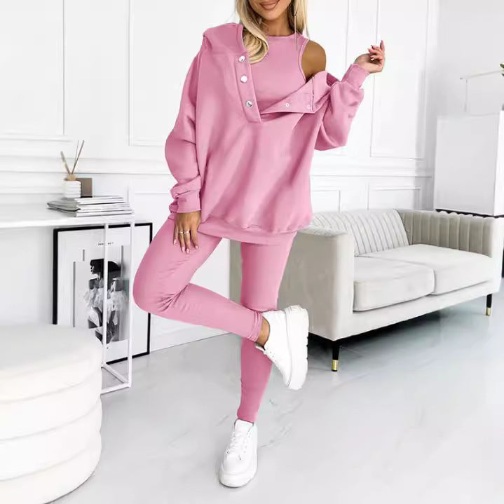 Women's Three Piece Lounge Set Hooded Sweatshirt Tank Top and Leggings Matching Tracksuit Casual Athleisure Outfit