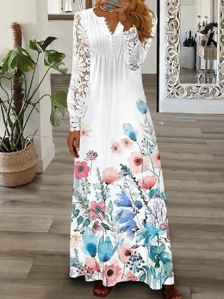 Women's Lace Maxi Dress Long Sleeve Boho Spring Summer Casual Dress - Seldom Seen Styles