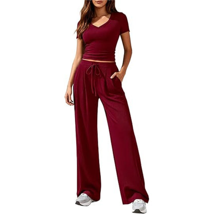 Women's Solid Color V-Neck Top Wide Leg Trousers Two Piece Set Casual Summer Vacation Outfit