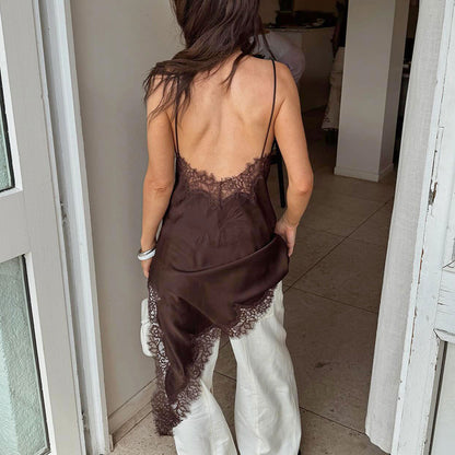 Spring and summer new simulation silk lace split inside dress design temperament satin satin suspender skirt