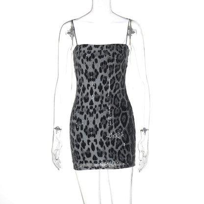 Neues modisches Leopardenmuster Streetstyle Nachtclub vielseitiges Trägerkleid mit Perlen Damenbekleidung