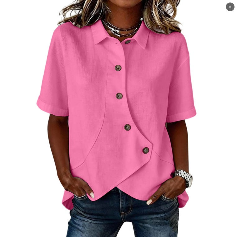 Women's Casual Solid Color Irregular Hem Button Up Short Sleeve Loose Top Summer Vacation Outfit - Seldom Seen Styles