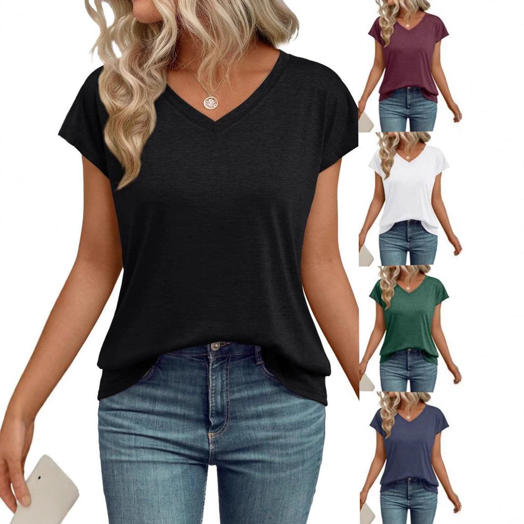Women's Solid Color V-Neck Short Sleeve Loose Casual Top Summer Everyday Relaxed Fit Tee - Seldom Seen Styles
