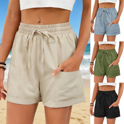 Women's Solid Color Pocket Drawstring Elastic Waist Loose Casual Shorts Summer Beach Vacation