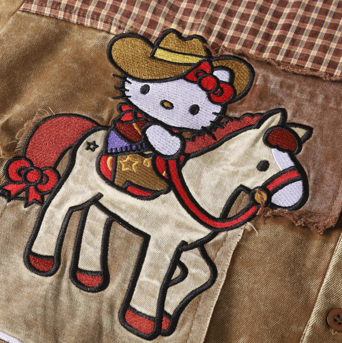 Cartoon Embroidered Long Sleeve Denim Shirt Loose Fit Wasteland Western Retro Couple Casual Streetwear Button-Up | Toon Denim Shirt