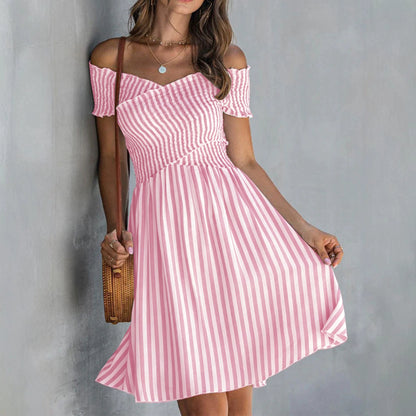Women's Off Shoulder Striped Maxi Dress Slim Fit Summer Vacation Dress