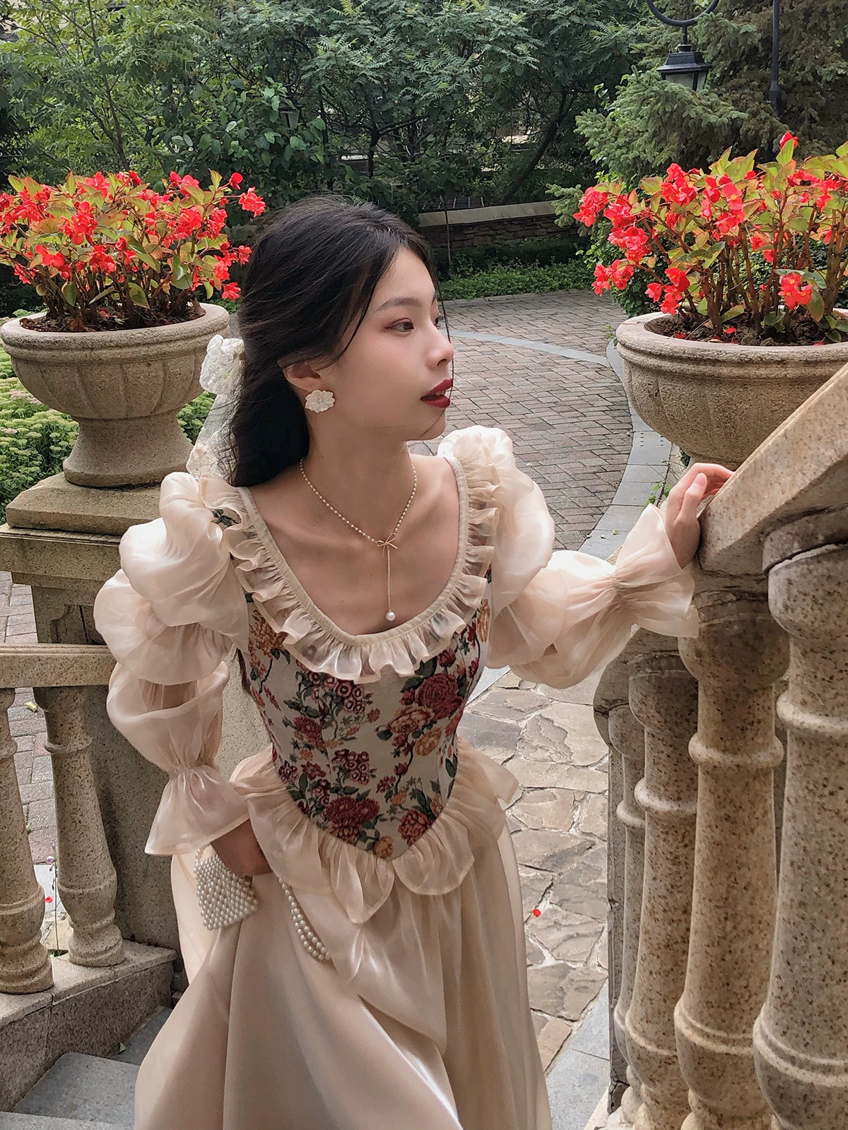 French Vintage Floral Corset Dress – Elegant Puff Sleeve Cottagecore Princess Midi Dress for Women - Seldom Seen Styles