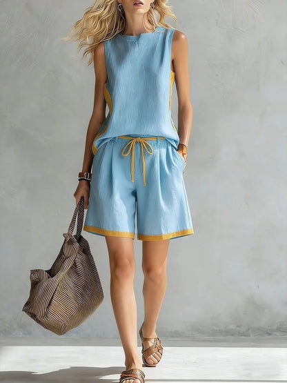 Women's Sleeveless Two Piece Shorts Set Casual Summer Outfit Drawstring Shorts Lounge Set Resort Wear Matching Set