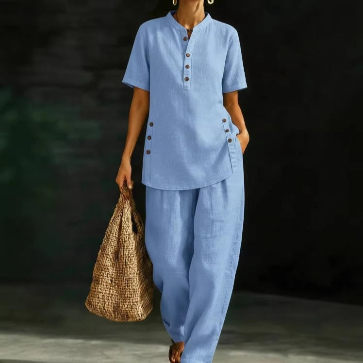 Women's Linen Button Up Shirt Wide Leg Pants Two Piece Set Summer Casual Vacation Outfit Plus Size - Seldom Seen Styles
