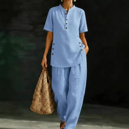 Women's Linen Button Up Shirt Wide Leg Pants Two Piece Set Summer Casual Vacation Outfit Plus Size