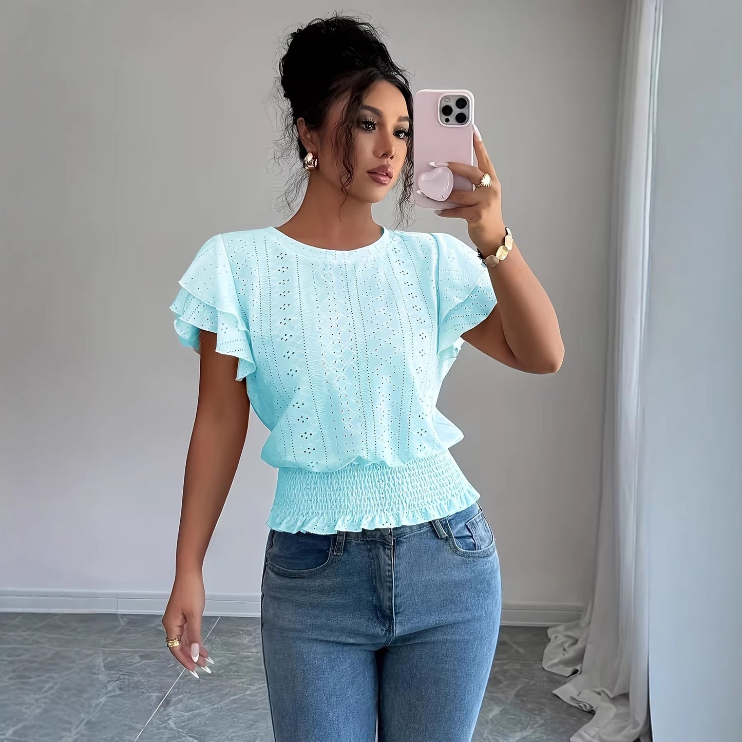 Women's Eyelet Flutter Sleeve Blouse Crew Neck Smocked Hem Casual Summer Top - Seldom Seen Styles