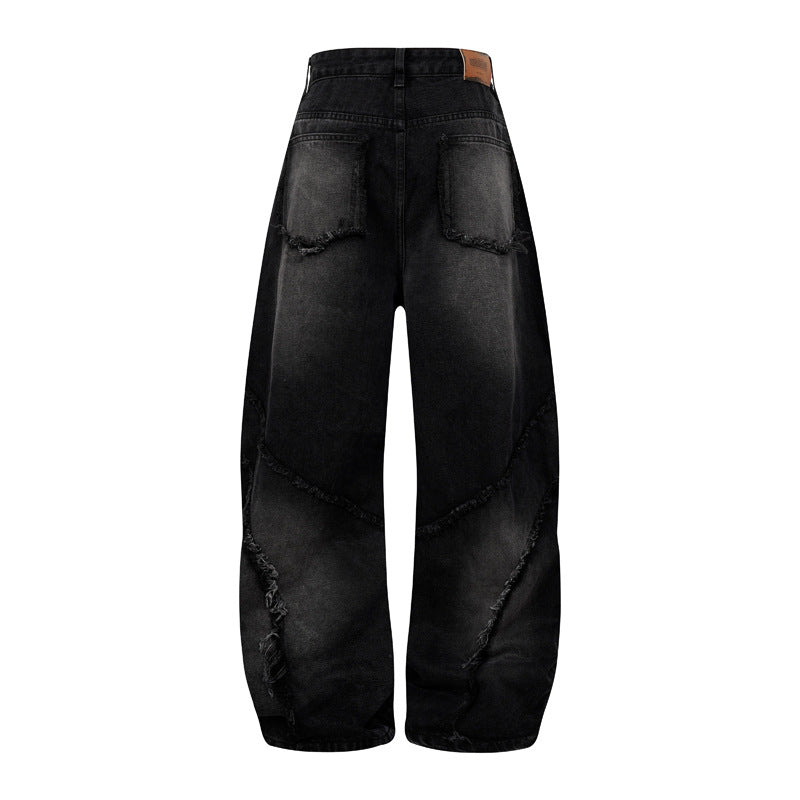 Distressed Wide Leg Jeans Heavy Wash Straight Loose Fit 100% Cotton Retro Streetwear Mopping Trousers | Wasteland Denim