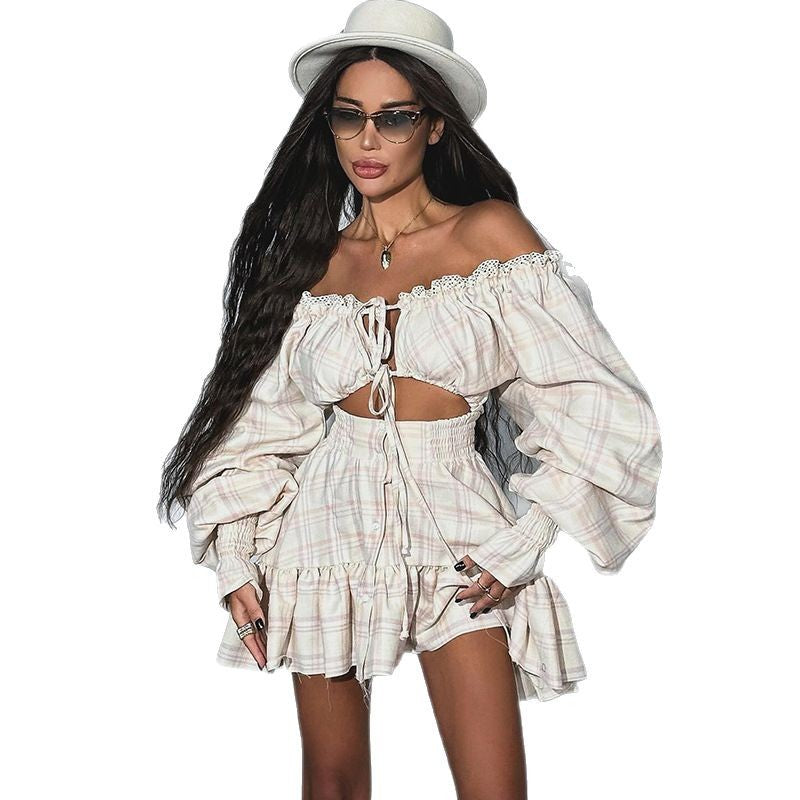 Women's summer new sweet print shoulder hollow lace lantern sleeve dress - Seldom Seen Styles