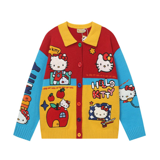 Cartoon Color-Block Knit Sweater Jacket Loose Fit Couple Casual High Street Vintage INS Streetwear Outerwear | Toon Knit Jacket