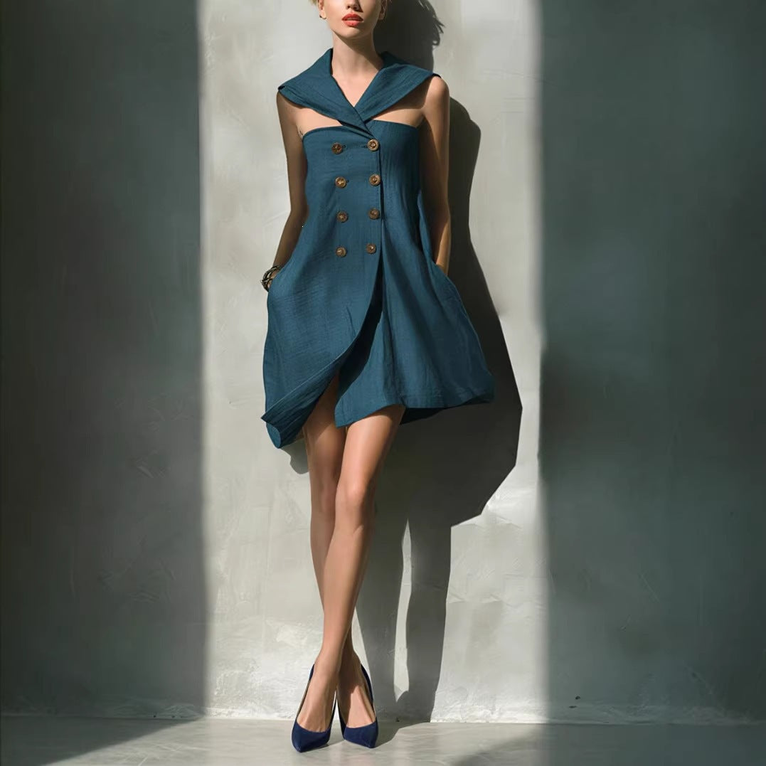 Women's Double Breasted Mini Dress Shawl Collar Sleeveless Blazer Dress Elegant Office Party Dress - Seldom Seen Styles
