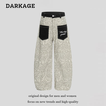 DARKAGE Leopard Print Wide-Leg Pants with Contrast Contrast Pockets