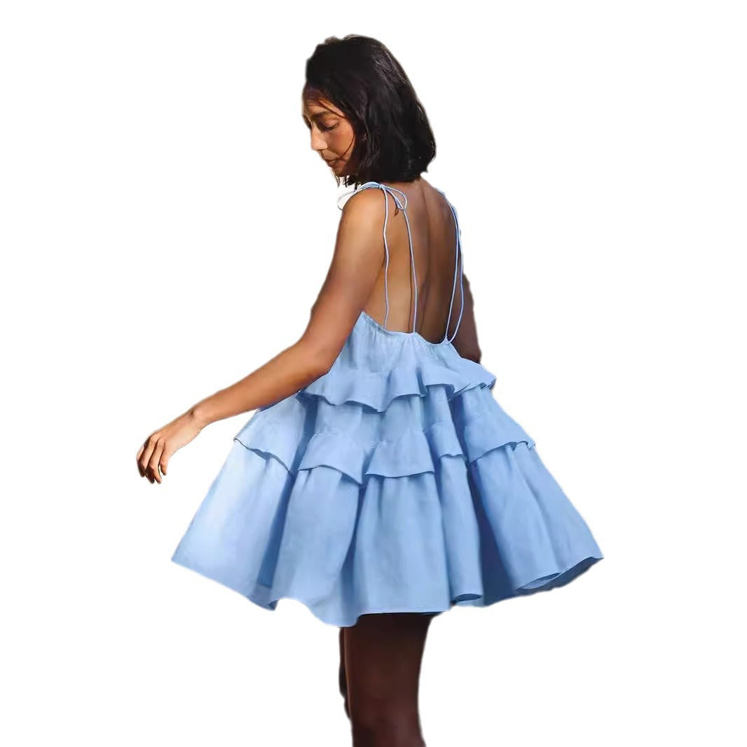 Suspender dress summer multi-layer ruffle edge cake dress short backless suspender dress - Seldom Seen Styles