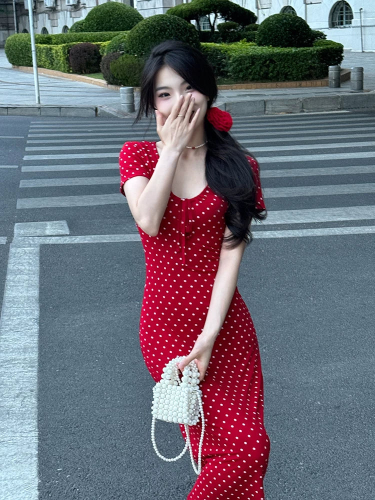 New solid color red polka dot elastic slim white drawstring design V-neck short-sleeved dress long dress women - Seldom Seen Styles