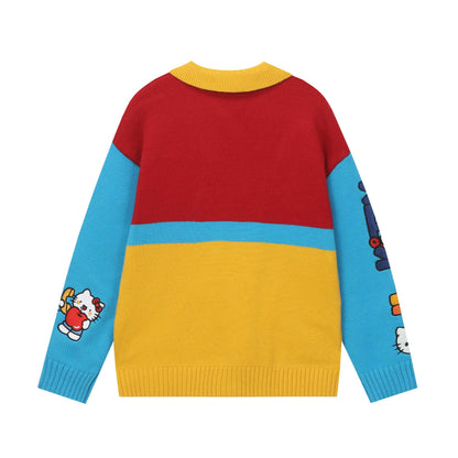 Cartoon Color-Block Knit Sweater Jacket Loose Fit Couple Casual High Street Vintage INS Streetwear Outerwear | Toon Knit Jacket
