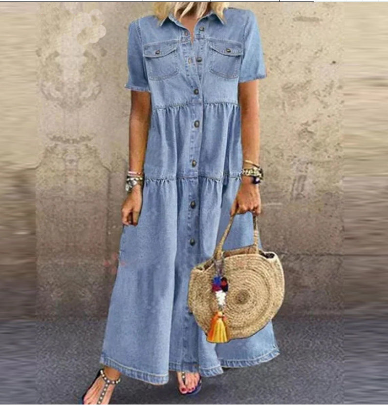 Women's Denim Maxi Dress Button Down Short Sleeve Casual Loose Shirt Dress with Pockets - Seldom Seen Styles