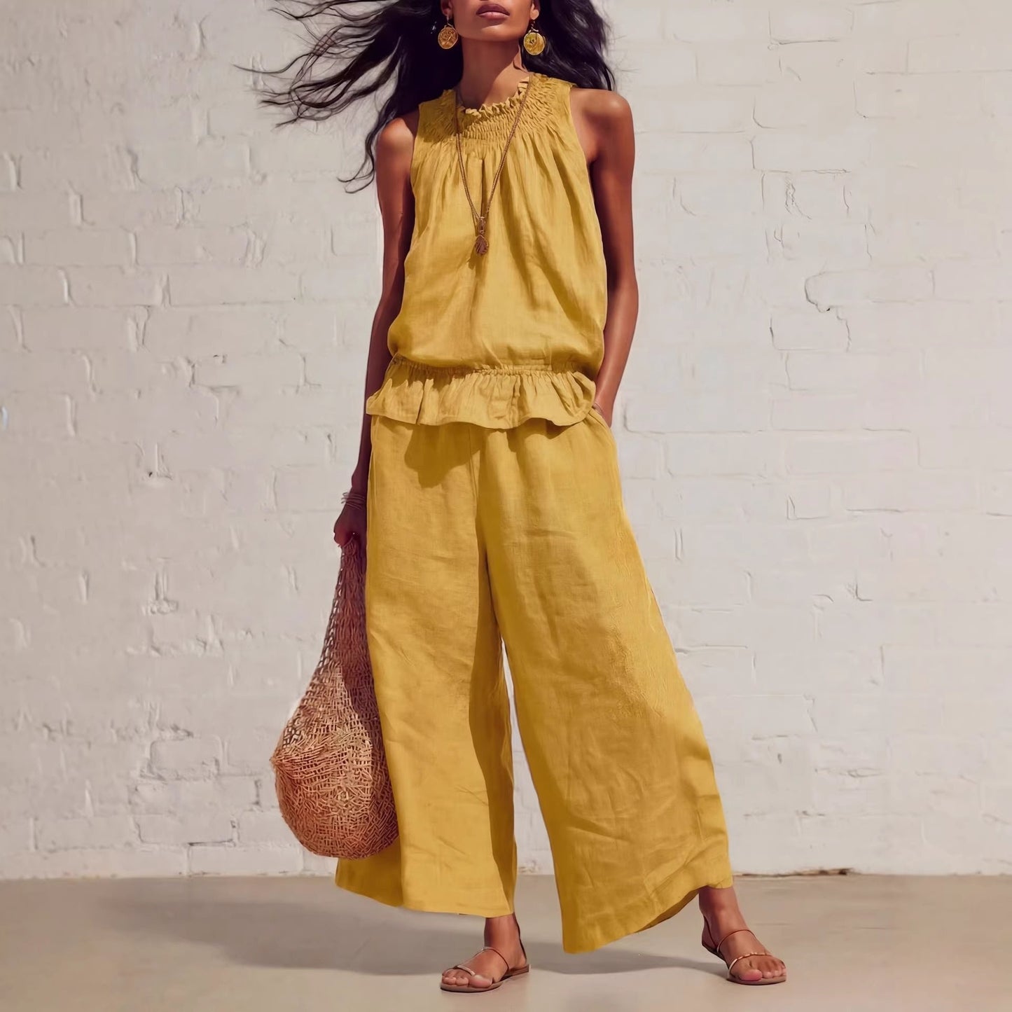 Women's Sleeveless Ruffle Wide Leg Pants Two Piece Set Cotton Linen Casual Summer Beach Outfit - Seldom Seen Styles