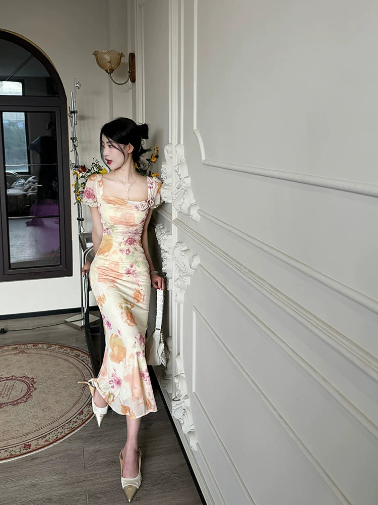 French Vintage Square Neck Floral Midi Dress – Slim Fit Fishtail Elegant Dress for Women - Seldom Seen Styles