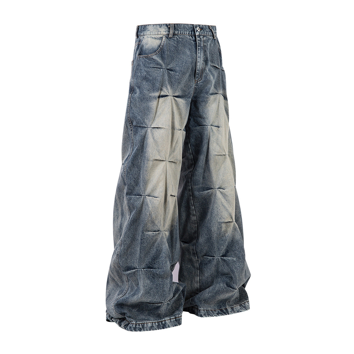 Heavy Washed Distressed Pleated Baggy Jeans