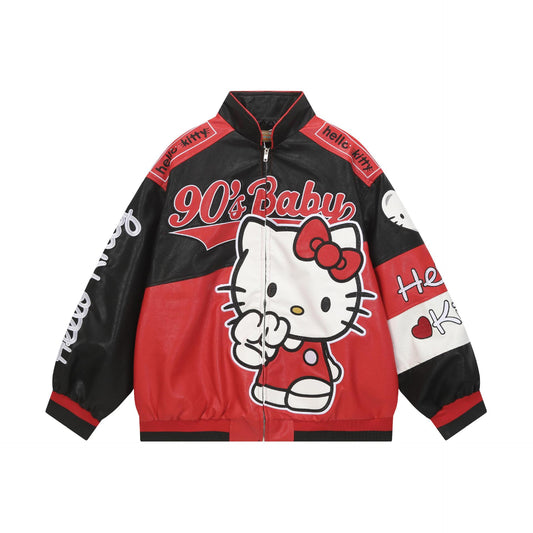 Color Block Embroidered KT Racing Leather Jacket Unisex Loose Fit Motorcycle Couple Streetwear Niche Design Biker Jacket | Moto Kart