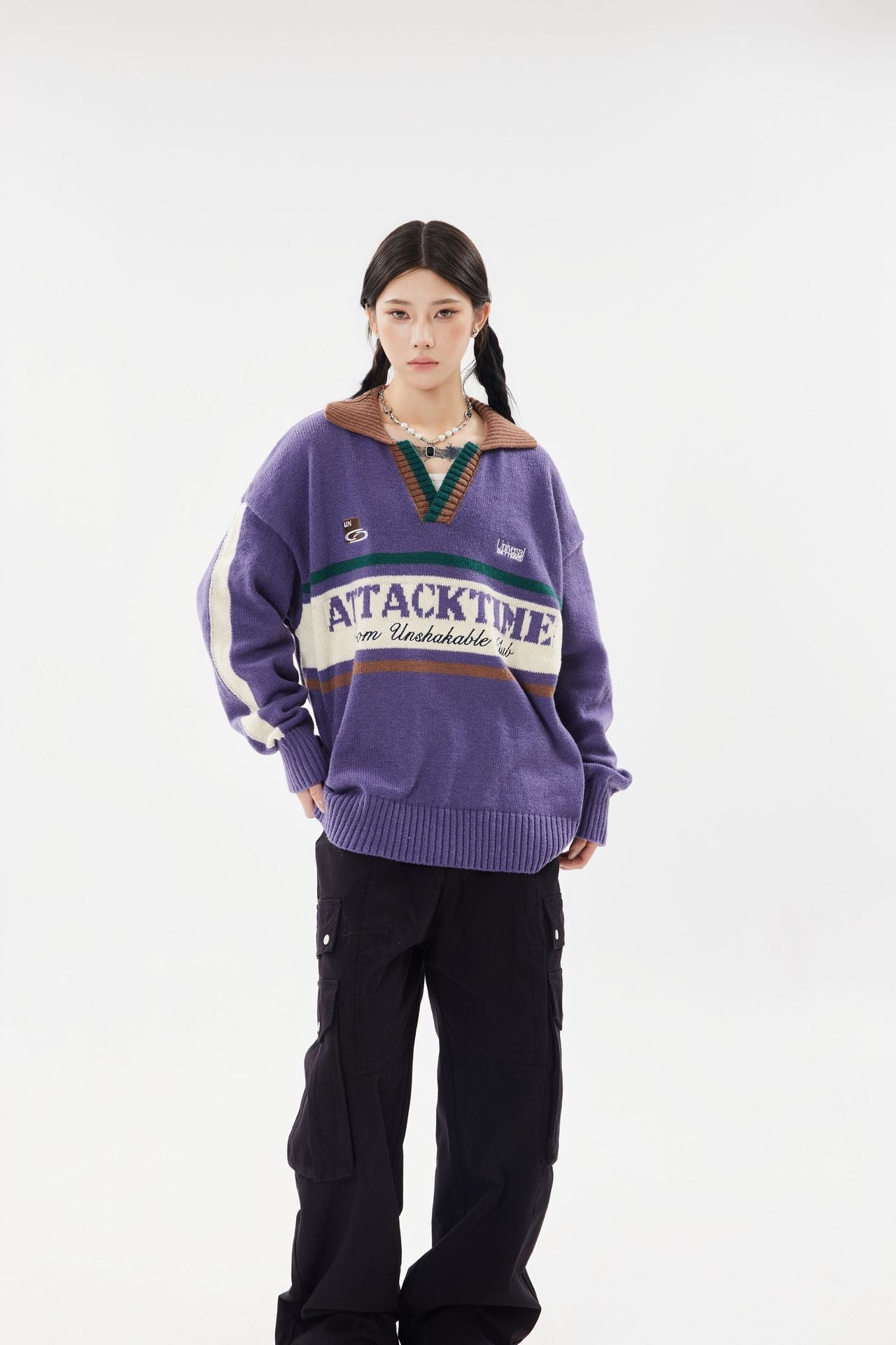 V-Neck Lapel Long Sleeve Color Block Letter Print Knit Sweater Loose Oversized Vintage College Style Autumn Winter Pullover | Attack Knit