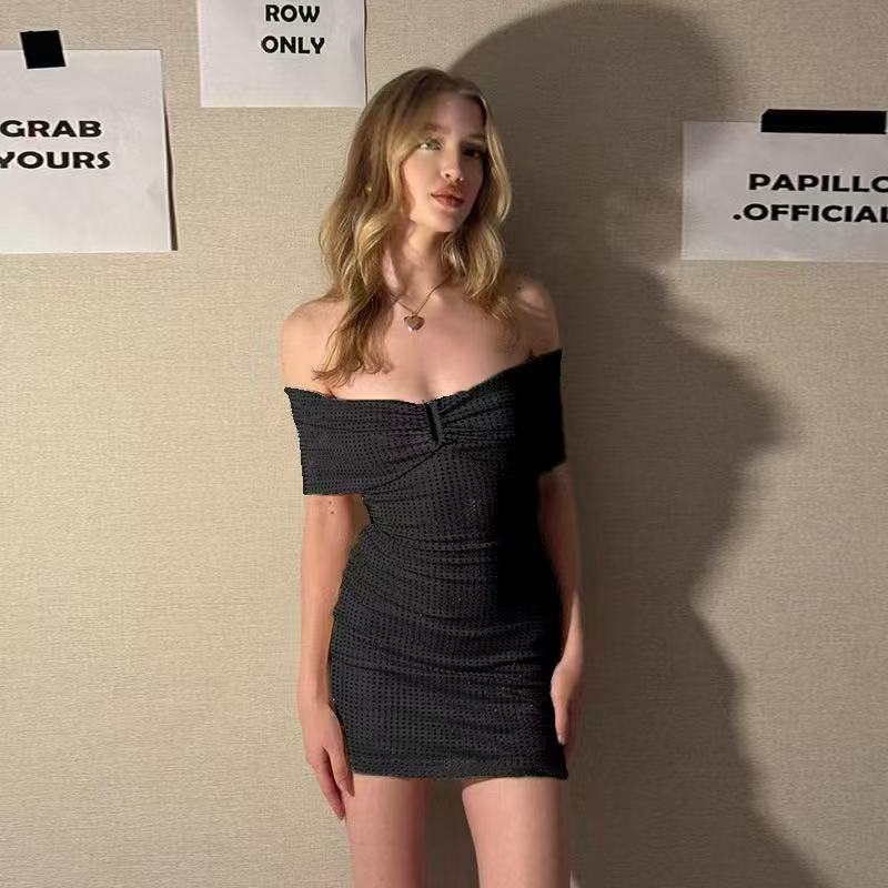 Spring new product sweet and sexy temperament one-word collar hip skirt slim-fitting sparkling dress women - Seldom Seen Styles