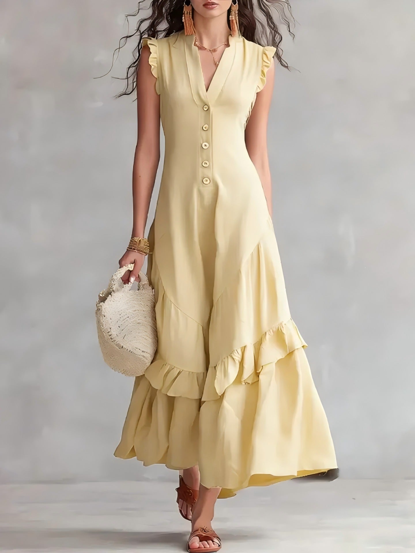 Women's Cotton Linen Maxi Dress Sleeveless V Neck Button Front Ruffle Hem Boho Summer Dress with Pockets - Seldom Seen Styles