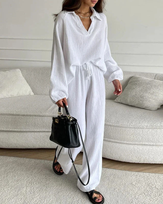 Long Sleeve Lapel Top Drawstring Pants Two-Piece Set - Seldom Seen Styles