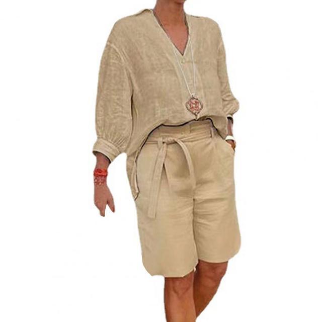 Women's Linen Two Piece Set V Neck Blouse and High Waist Shorts Casual Summer Matching Outfit