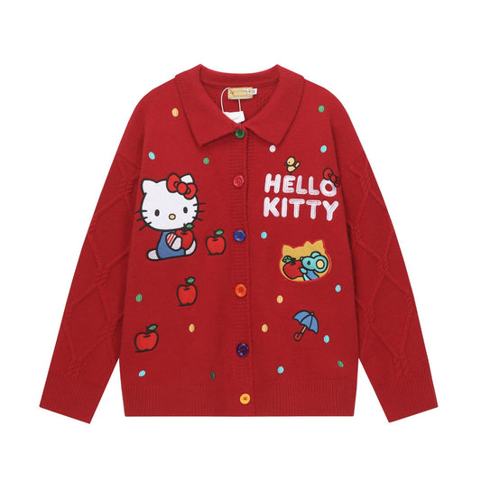 Hello Kitty Applique Embroidered Lapel Knit Sweater Unisex Loose Fit Retro Couple Knitwear Niche Streetwear | Kitty Knit