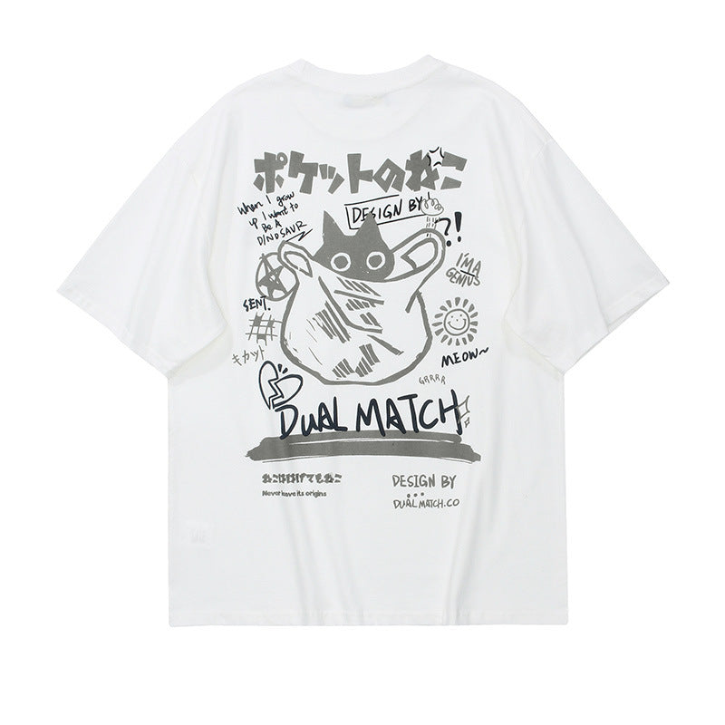 Crew Neck Short Sleeve Japanese Graffiti Cat Back Print T-Shirt Loose Oversized Retro Streetwear Casual Summer Top | Pocket Neko
