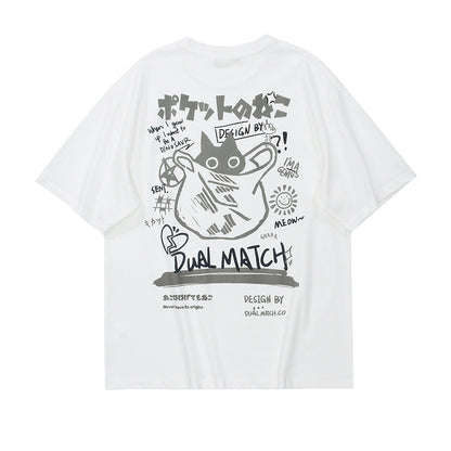 Crew Neck Short Sleeve Japanese Graffiti Cat Back Print T-Shirt Loose Oversized Retro Streetwear Casual Summer Top | Pocket Neko