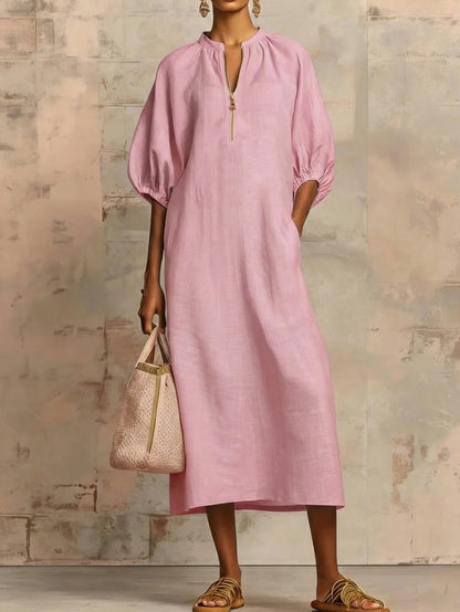 Women's Cotton Linen Midi Dress Puff Sleeve Loose Fit Casual Summer Dress V Neck Boho Maxi Dress with Pockets