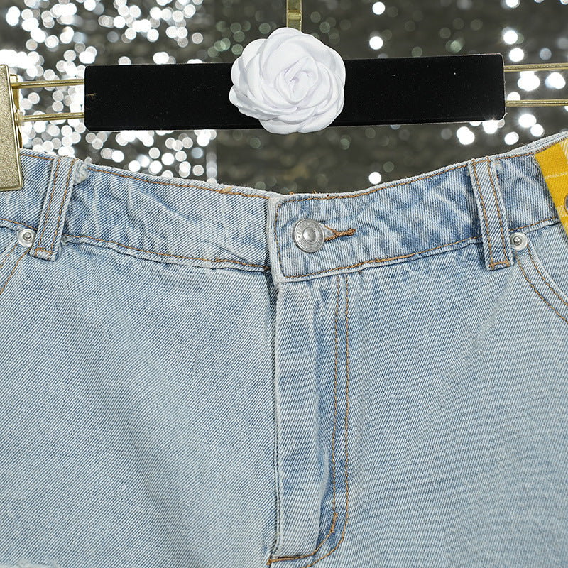 Kenna Grid Deconstruct Patchwork Mini Skirt In Blue