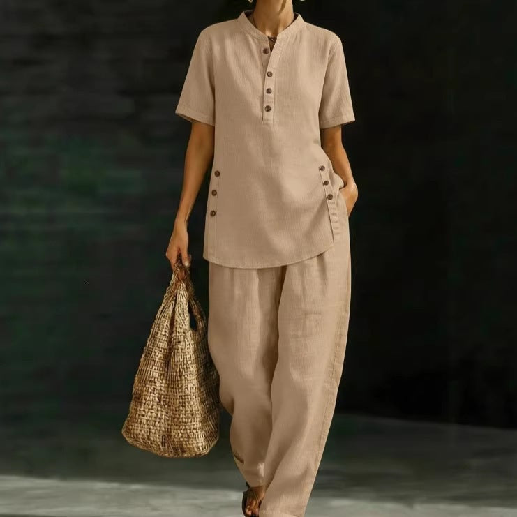 Women's Linen Button Up Shirt Wide Leg Pants Two Piece Set Summer Casual Vacation Outfit Plus Size - Seldom Seen Styles