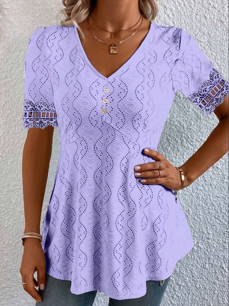 Women's V Neck Eyelet Lace Blouse Short Sleeve Tunic Top Casual Summer Shirt Boho Crochet Trim Top - Seldom Seen Styles
