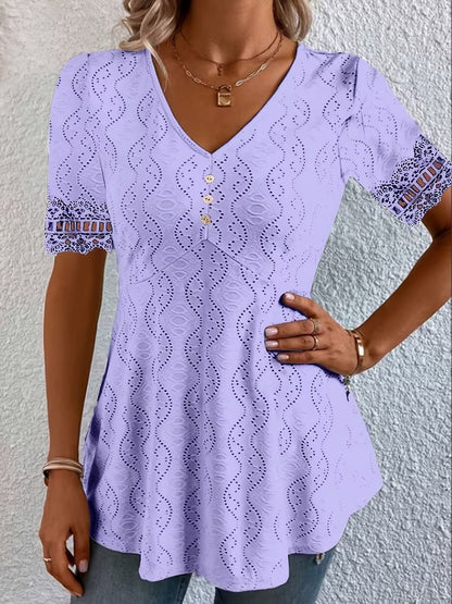 Women's V Neck Eyelet Lace Blouse Short Sleeve Tunic Top Casual Summer Shirt Boho Crochet Trim Top