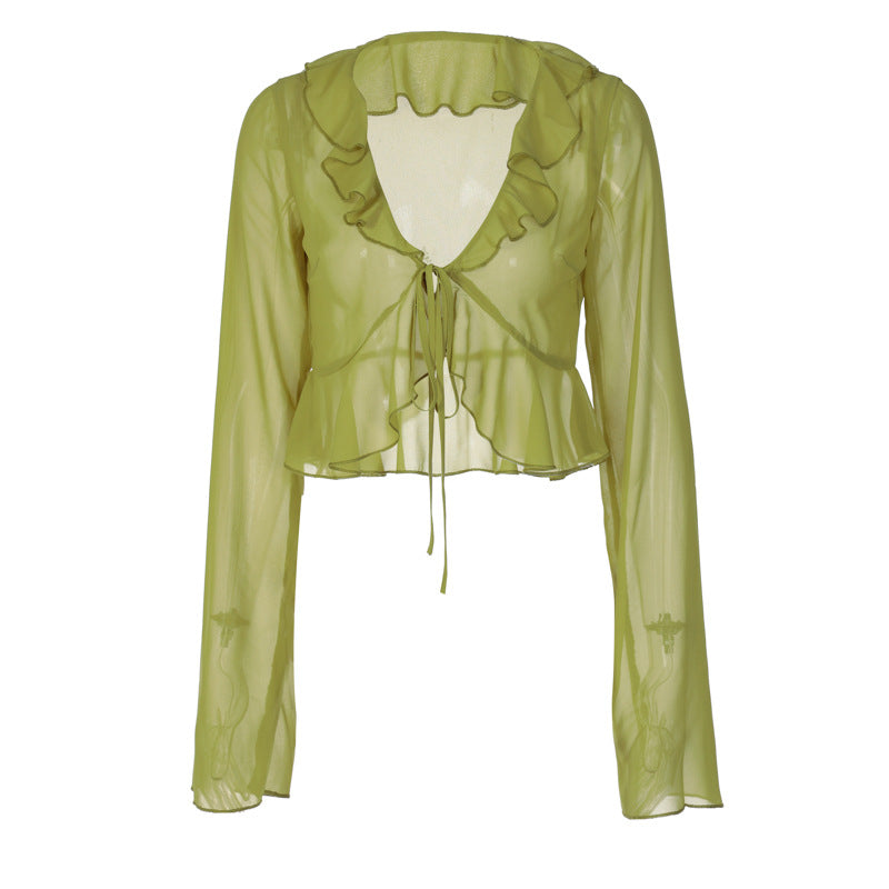 Summer new fungus edge lace-up deep V-neck long-sleeved transparent top women's clothing - Seldom Seen Styles